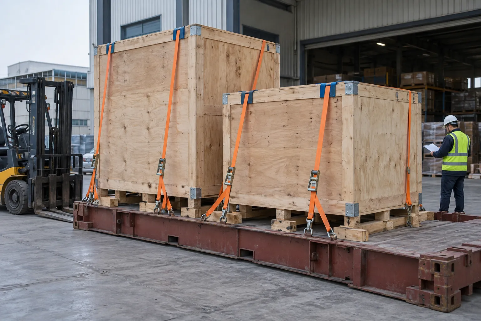 Strapped wooden crates on a flat rack are checked beside a warehouse loading bay.