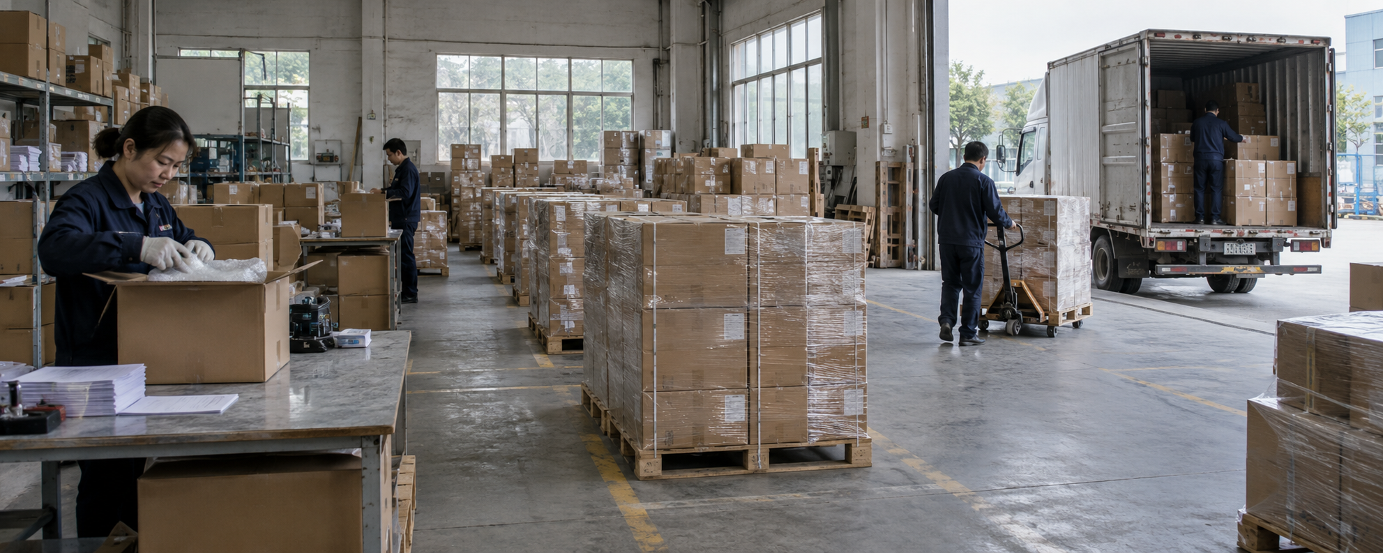 Workers pack cartons, stage wrapped pallets and load a truck in one daylight warehouse scene.