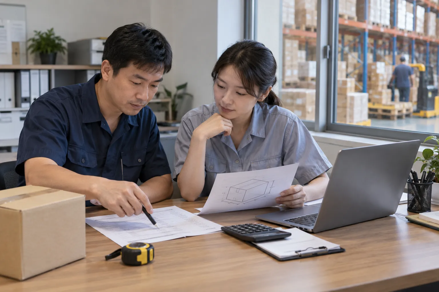 Two logistics colleagues review packing documents and carton dimensions in a daylight office.