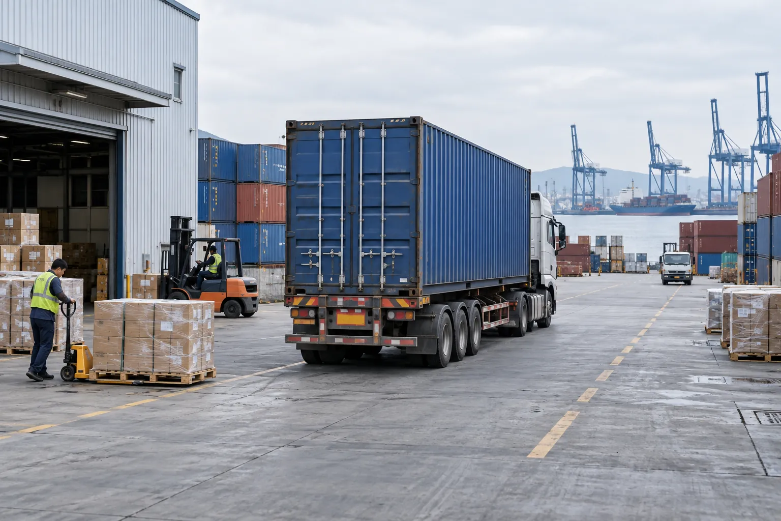 A container truck and palletized cartons wait at a daylight warehouse loading bay near a port.